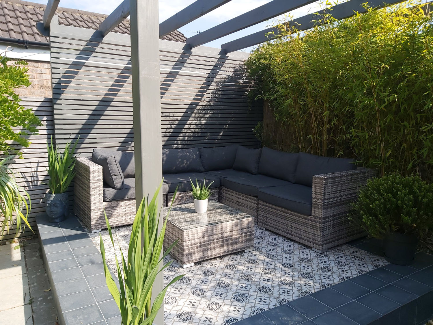 Outdoor Seating Area with Tiled Rug - Harrogate Garden Design, Lisa ...